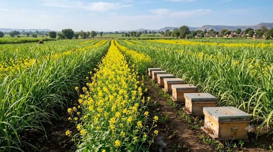 Mustard cultivation and beekeeping alongside sugarcane